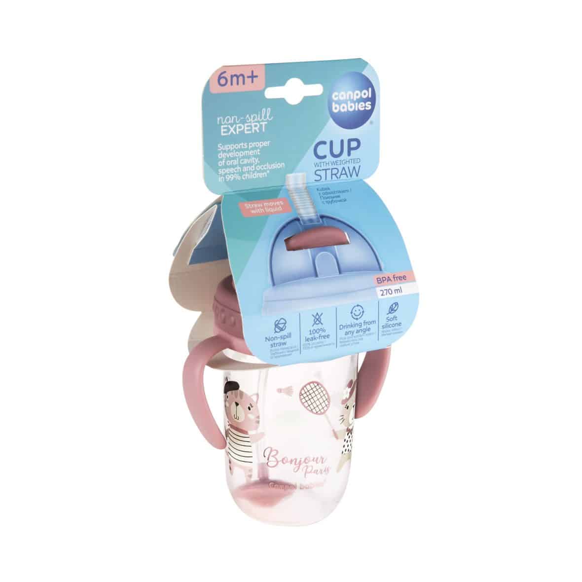 canpol babies tasse anti éclaboussure rose avec paille 270 ml 56/607