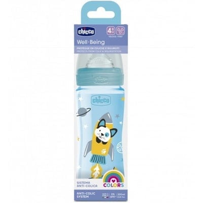 Chicco Biberon Well-Being 330ml boy , Tétine silicone 4M+