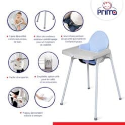 Prima Baby Chaise haute slim grege avec coussin bleu
