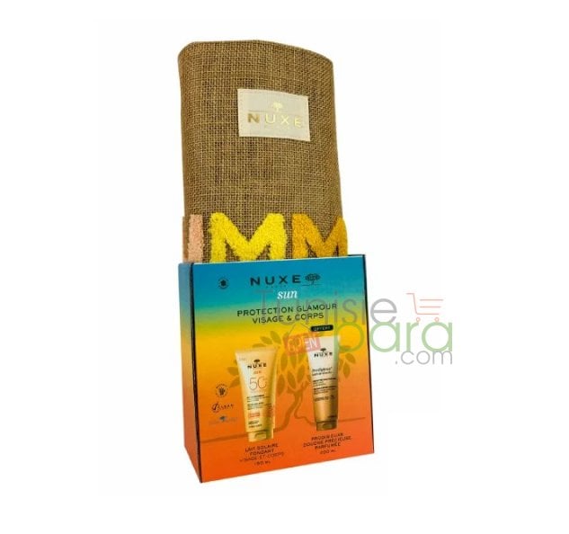 Nuxe sac protection glamour visage et corps lait solaire fondant + huile de douche