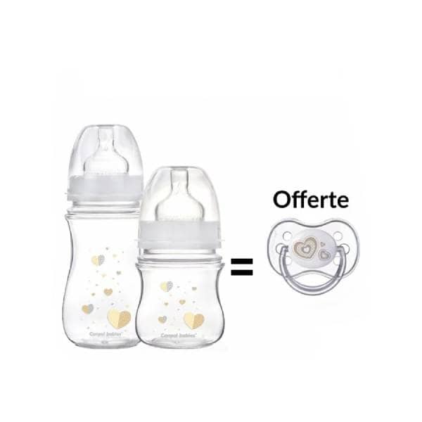canpol pack 2 biberon anti colique col large PP nouveau né + sucette beige