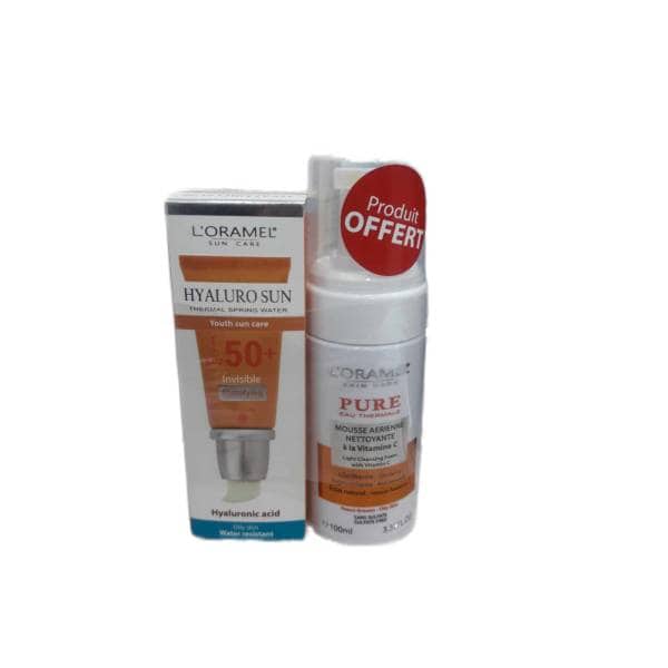 l'oramel hyaluro sun ecran invisible spf50+ PG 40ml + mousse nett 150ml