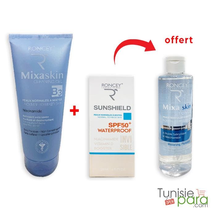 RONCEY PACK Mixaskin Gel Nettoyant + Sunshield Waterproof Peau Mixte SPF50+ Invisible + Mixaskin Lotion Tonique (OFFERT)