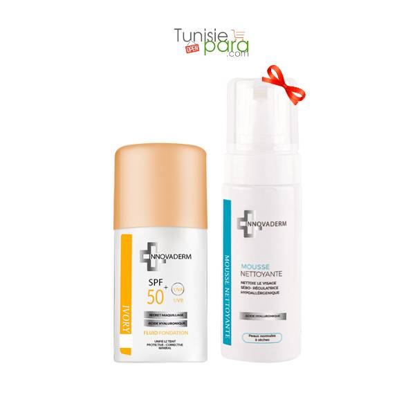 Innovaderm coffret INNOVADERM Fond de Teint FLUID Minéral sand 02 SPF50+ +INNOVADERM Mousse Nettoyante Peau Normales a Sèches 150ML (OFFERT)